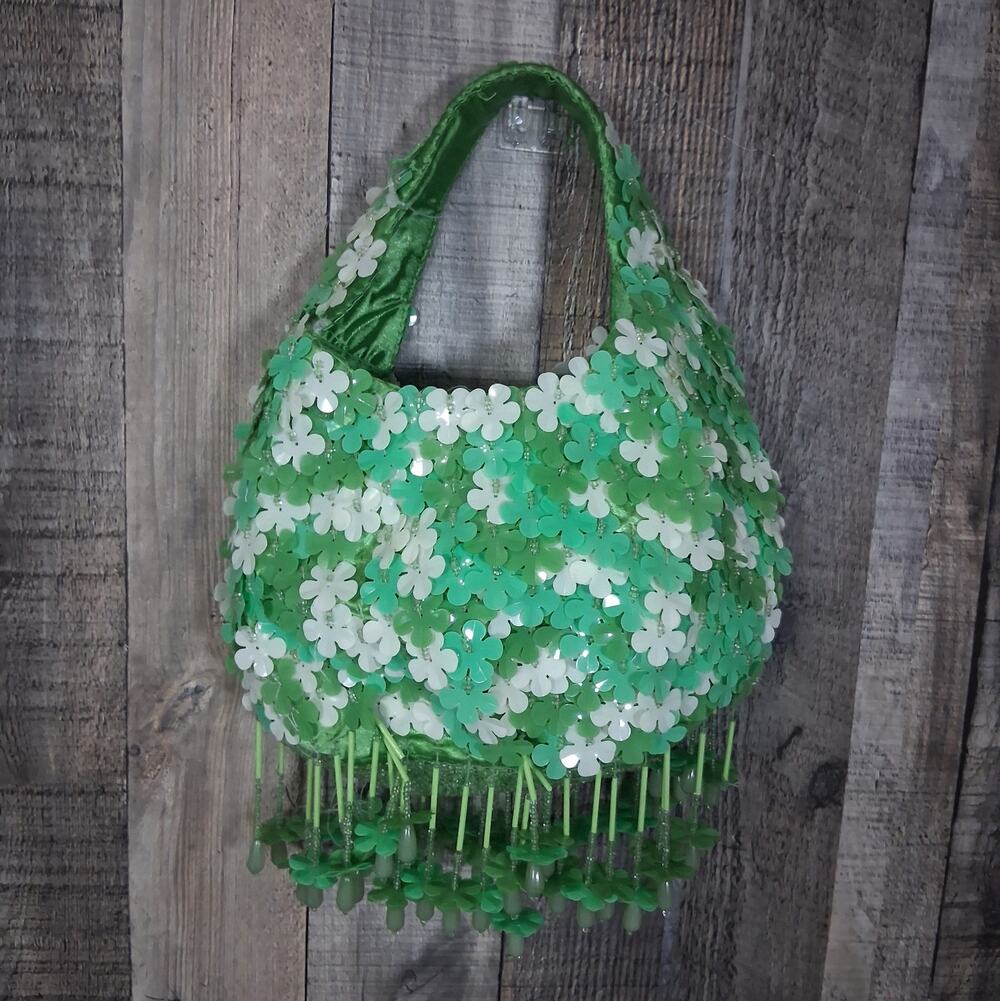 Handcrafted Made in India Green White Wildflower Beaded Sequin Mini Handbag
